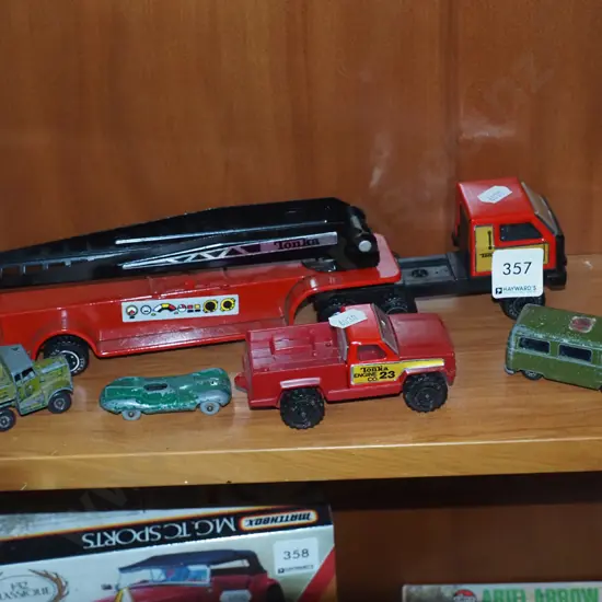 shelf of toy vehicles