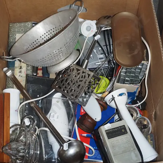 box; colander, alarm clock, stick blender etc