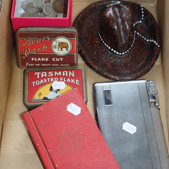 box; coins, tobacco tins, money box etc