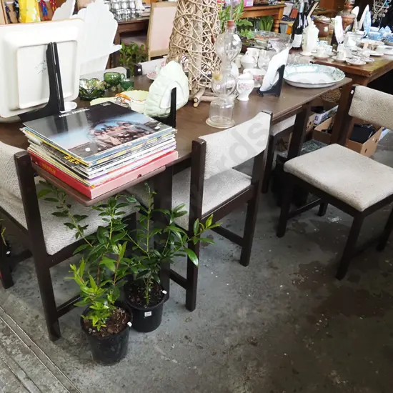 mdf faux wood veneer extending table with 6 matching wood and upholstered chairs