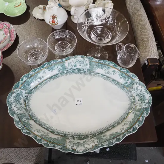 large Wedgwood ashet, 3 comports, small crystal creamer