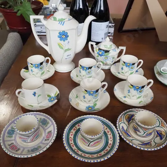 hand painted coffee set, 3x egg cups and saucers