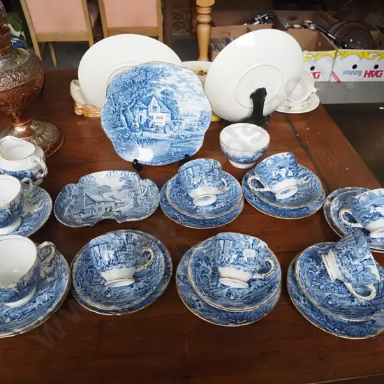 Sutherland rural scenes cups, saucers, plates, bowls, jug - crack to one cup