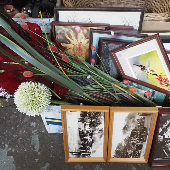 box; faux flowers, photo prints etc