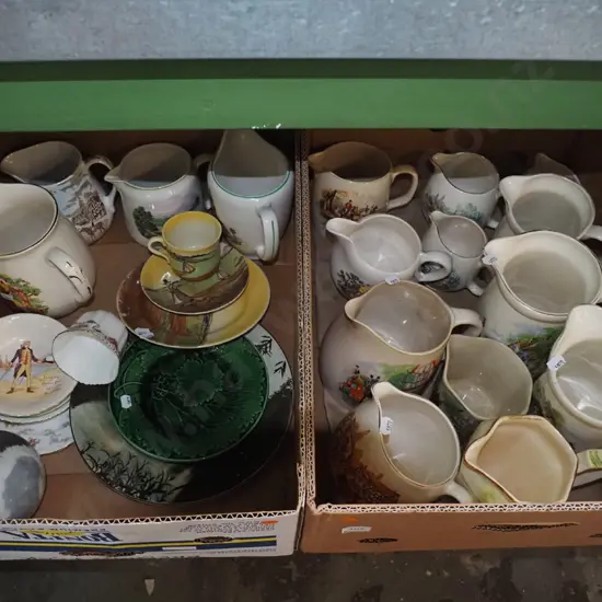 2x boxes; ceramic jugs, bowls, plates etc - orange dots