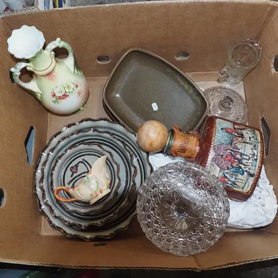 box; studio pottery baking dishes, whisky decanter etc