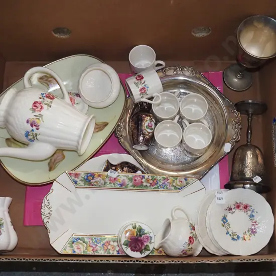 box; part Simpsons coffee set, sandwich plated goblets etc