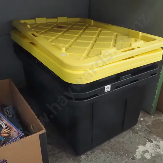 3x black storage bins with yellow plastic  lids