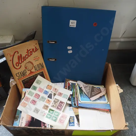 stamp album,  postcards, stamps