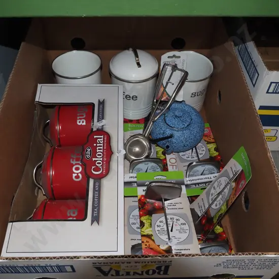 box; storage canisters, tea pot, ice cream scooop etc