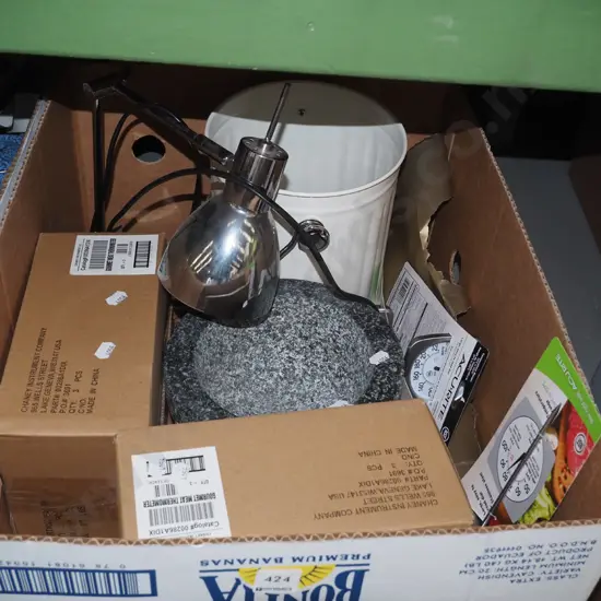 box; meat thermometers, stoneware mortar, small compost bin