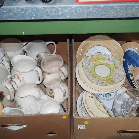 2x boxes of ceramic jugs, plates, comprt - yellow dots