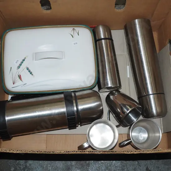 box; stainless steel cups, thermoses, Denby lidded baking dish
