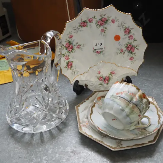 cut crystal water jug, scalloped floral bowl, Asian trio