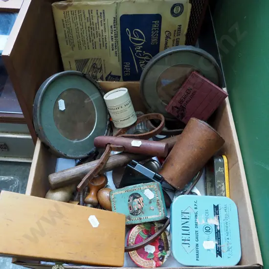 box; photo frames, various tins, tweezer set etc