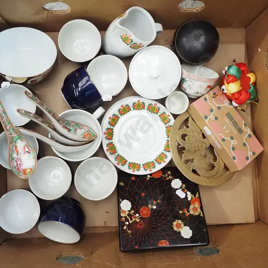 box; saucers, copper pot stand, Asian cups etc