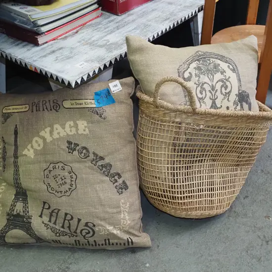 2x French themed cushions, cane basket