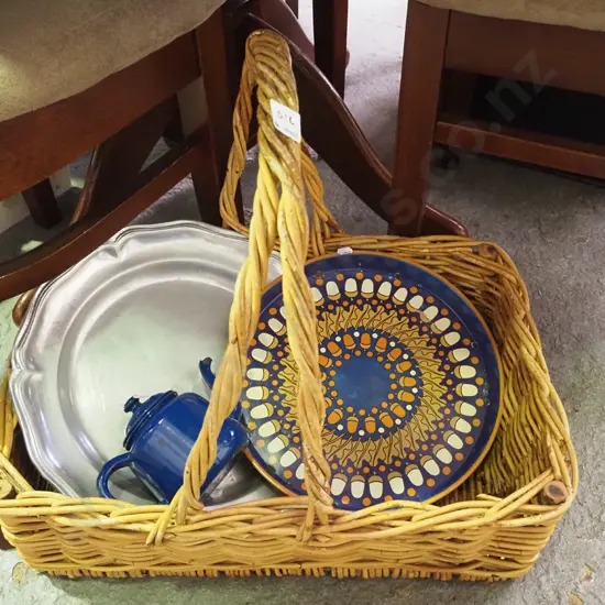 large cane basket, trays, enamel tea pot