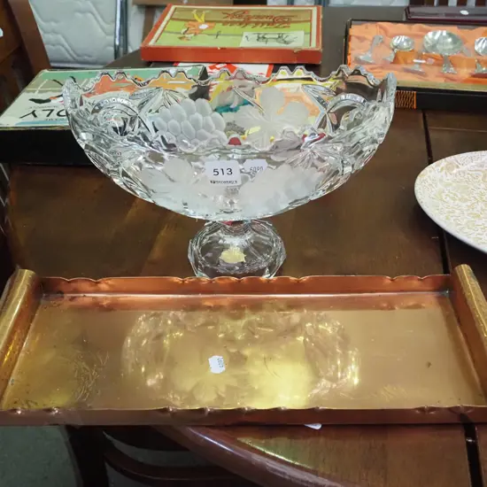 cut crystal footed vase, copper tray
