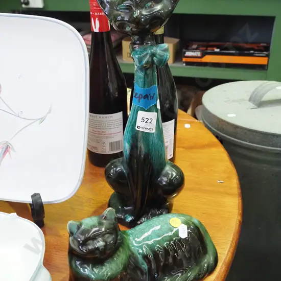 2x Blue Mountain cat figurines - one has repair to neck