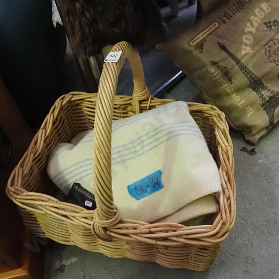 cane basket, woollen blanket, 2x wallets