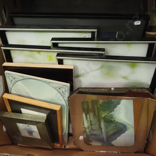 box; various prints, photo frames etc