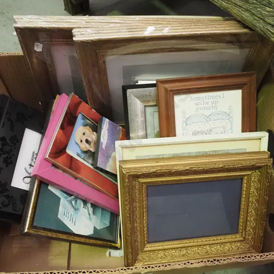 box; various prints, photo frames etc