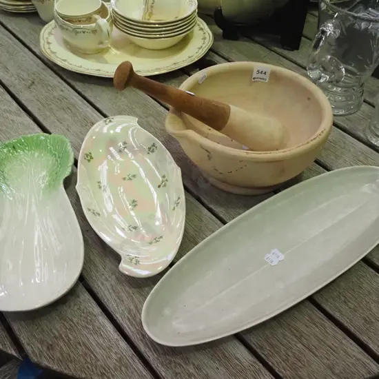 mortar and pestle, Poole leaf dish, 2 other dishes