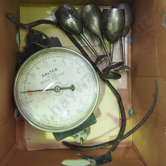 part Salter grocers spring scales, 4x plated goblets