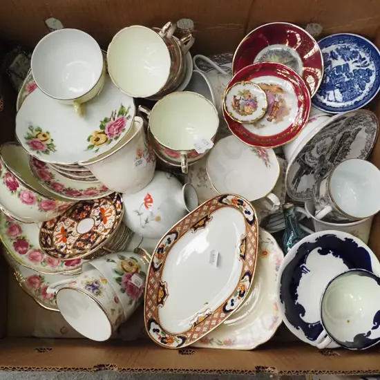 box; assorted cups, saucers, plates
