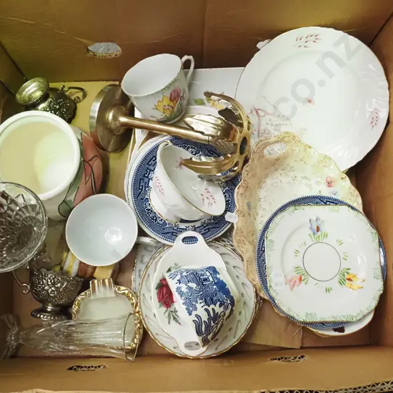 box; candelabra, plates, glass vases etc