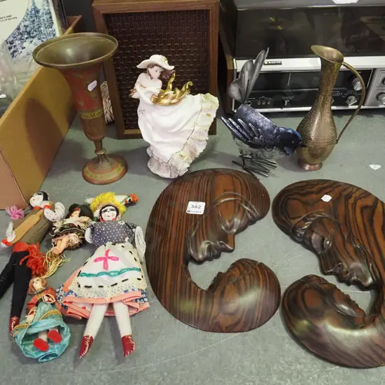 mother and child wall hangings, dolls, brass vases etc