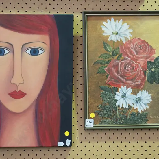 2x acrylics - portrait, flowers, - yellow dots