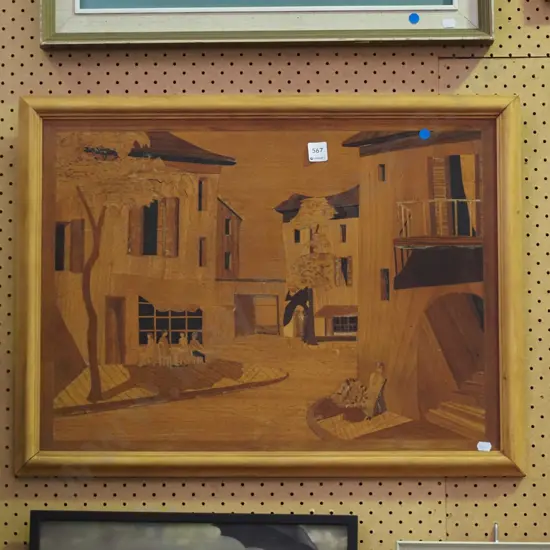 marquetry wood picture, framed watercolour - no glass - blue dots