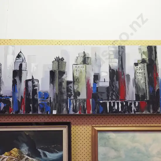 framed mixed media on canvas - city scape