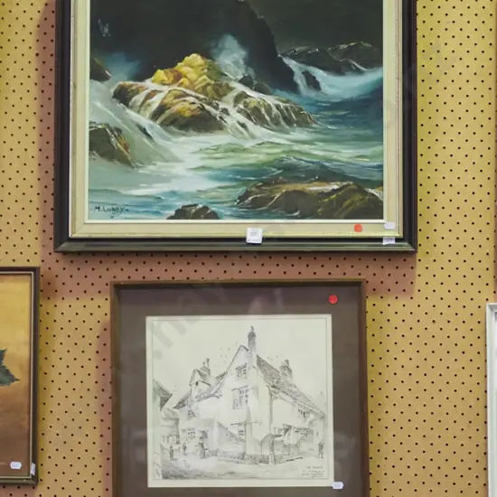 framed oil - coastal scene, framed print - Ipswich House - red dots