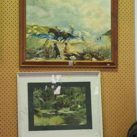 framed oil on board - horses on beach, framed photo- NZ bush scene - yellow dots