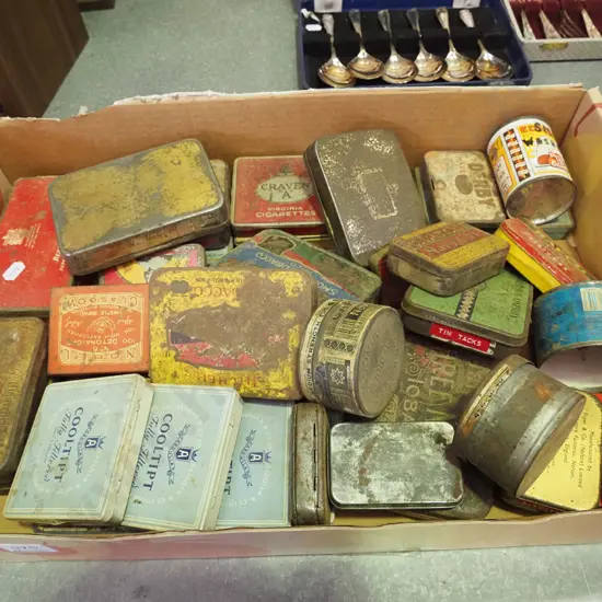 box of vintage tins