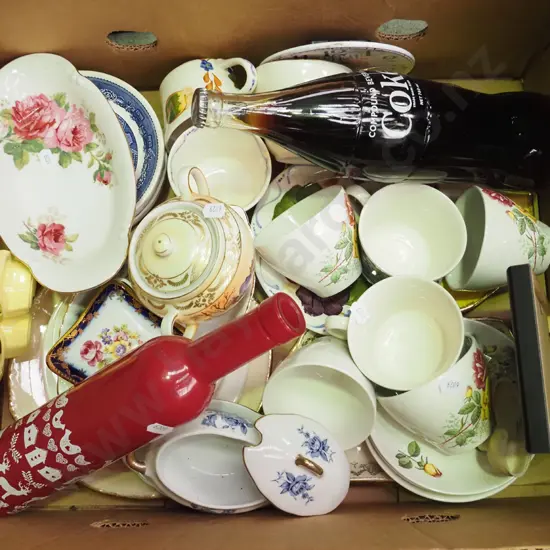 box; full Coke bottle, saucers, cups etc