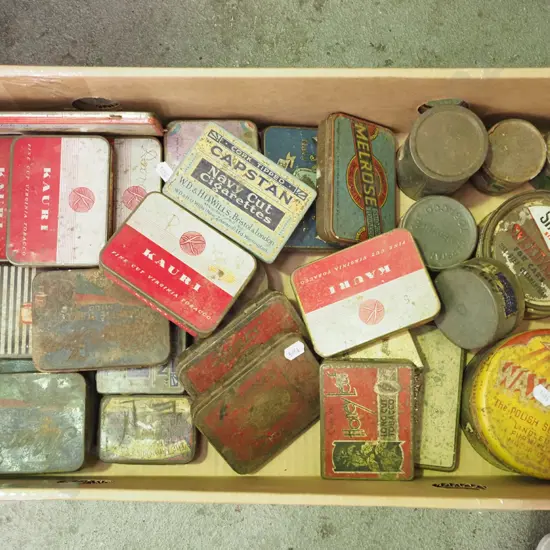 box of vintage tins