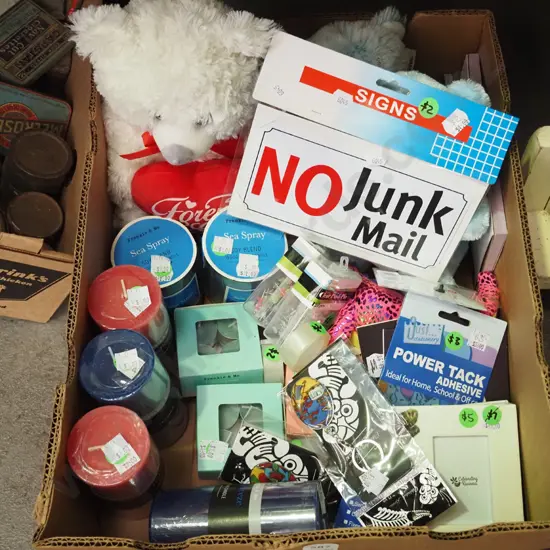 box; teddy bears, candles, key rings etc