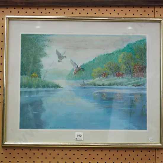 framed mixed media - ducks landing on pond