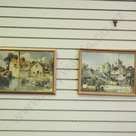 2x framed prints - church and mill house - red dots