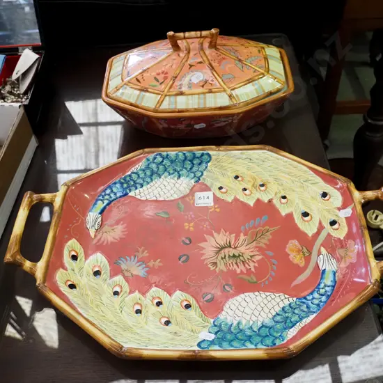 hand painted serving tray, lidded vege