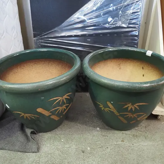 2x green glazed planters