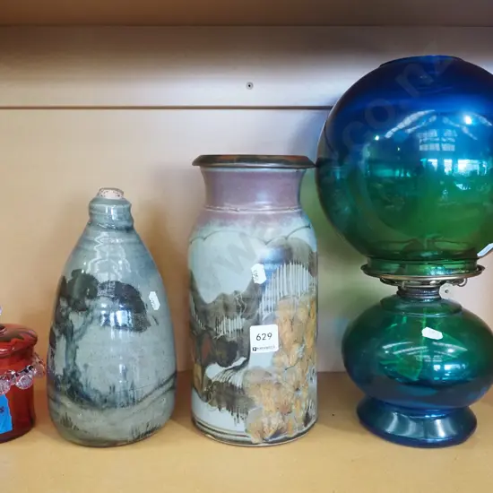 pottery bottle, vase, ruby glass canister - chipped, green glass kerosene lantern