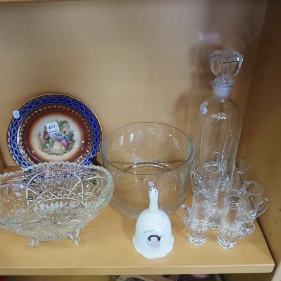 Limoges plate, QEII jubilee bell, stoppered bottle, glasses etc