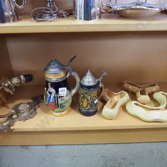 shelf; wall mounted light fitting, beer steins, trough vases