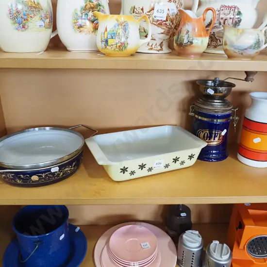 enamel pan, pyrex dish, coffe mill, storage canister