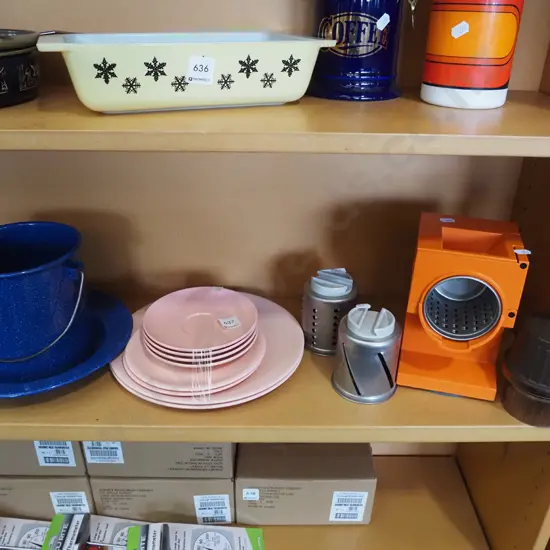 enamel bowl, pail, Duraware plates, bench top slicer